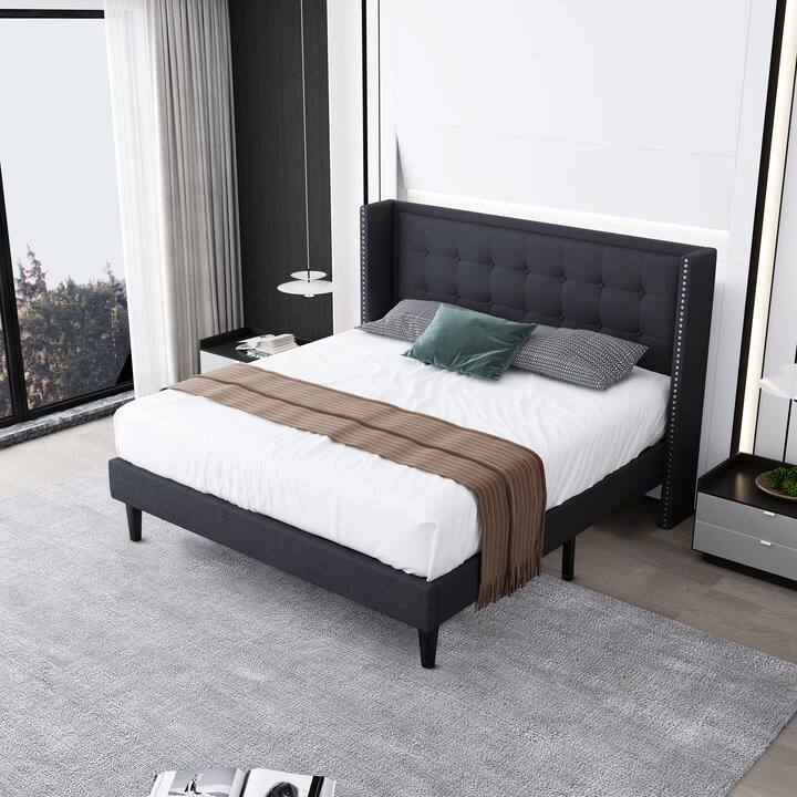 King Dark Gray Platform Bed Frame with Nail Head Wingback Headboard