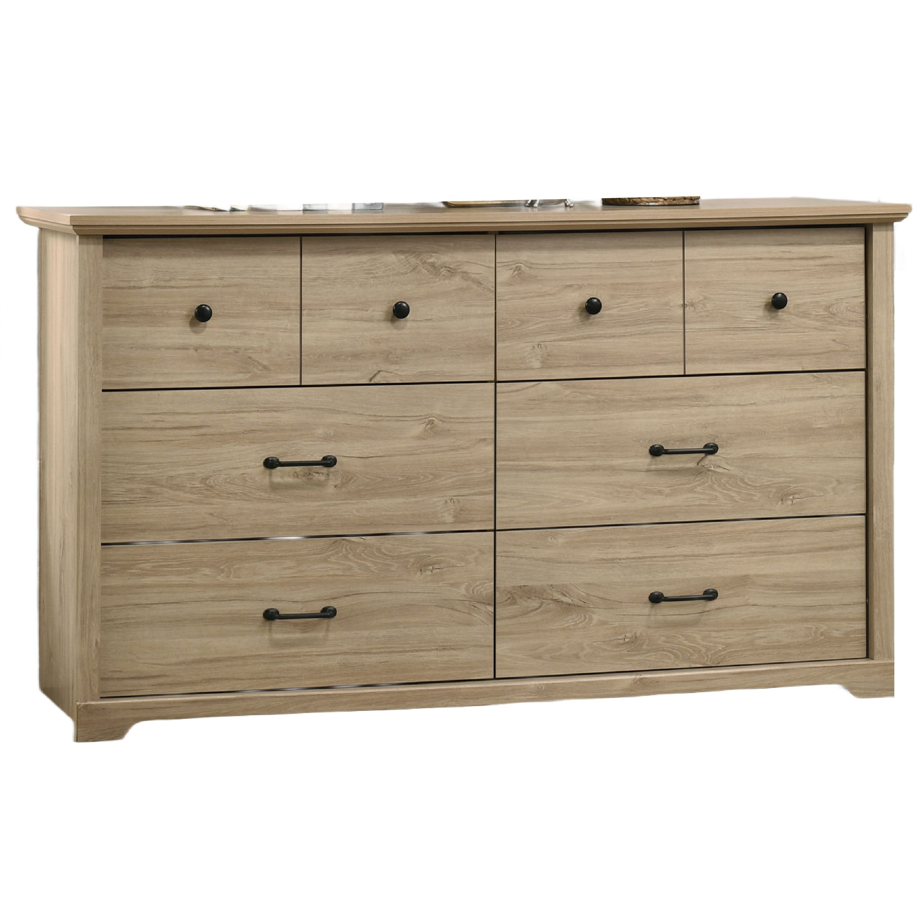 Lara Wide Dresser, 6 Drawer with Black Handles, Farmhouse Light Oak Brown