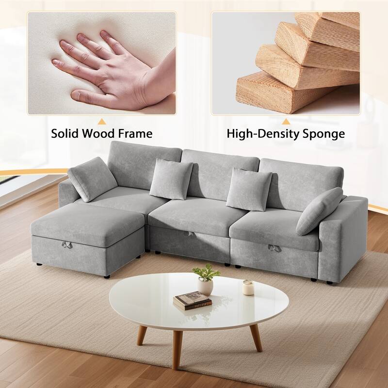 L Shaped Sectional Sofa with Storage Ottoman, Oversized Velvet Upholstered Cloud Couch, Corner Sofa with Side Pockets