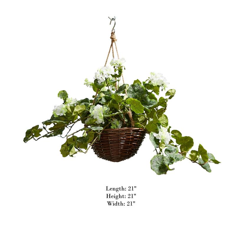 Silk White Geranium Arrangement with Hanging Basket