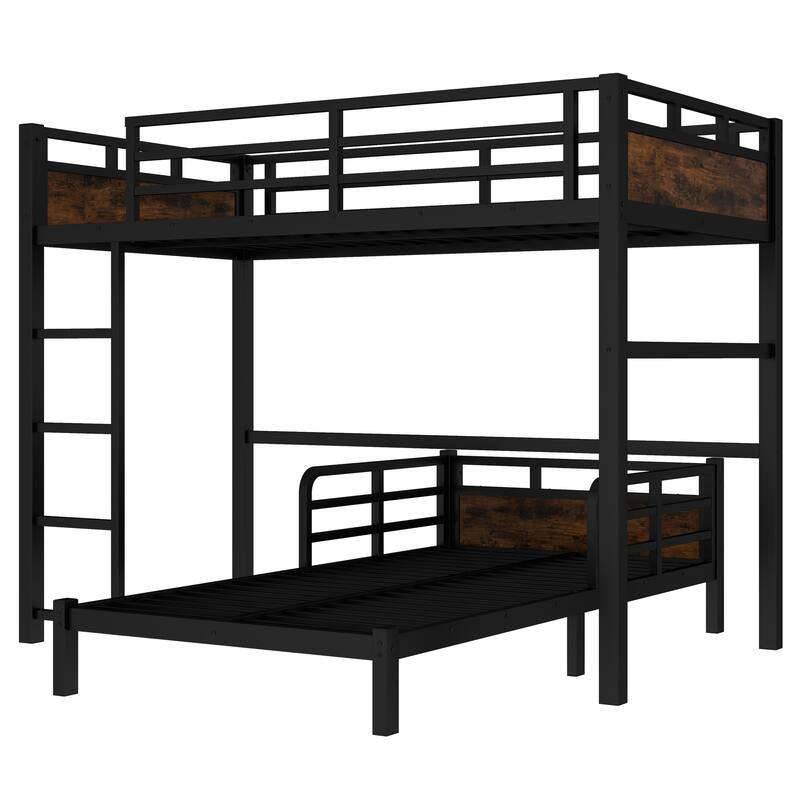 Roomfitters Twin/Full/Queen Metal Bunk Bed & Loft Bed with Raised Safety Fence, Convertible Platform Design, Vintage Wood
