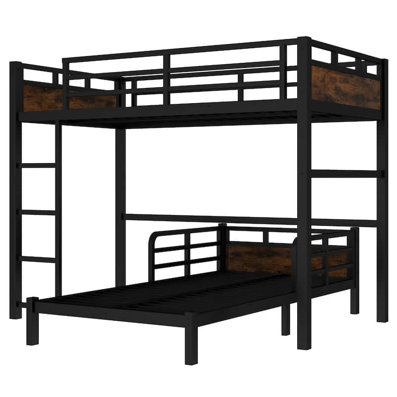 Split Design Metal Loft Bed & Platform Bed Set, Metal Bunk Bed with Raised Security Fence and Vintage Wood Accents