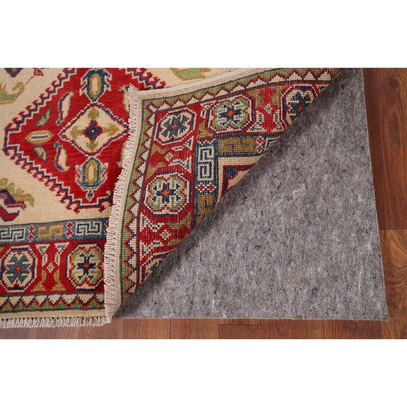 Geometric Kazak Accent Rug Hand-Knotted Beige Wool Carpet - 3'3" x 5'1"