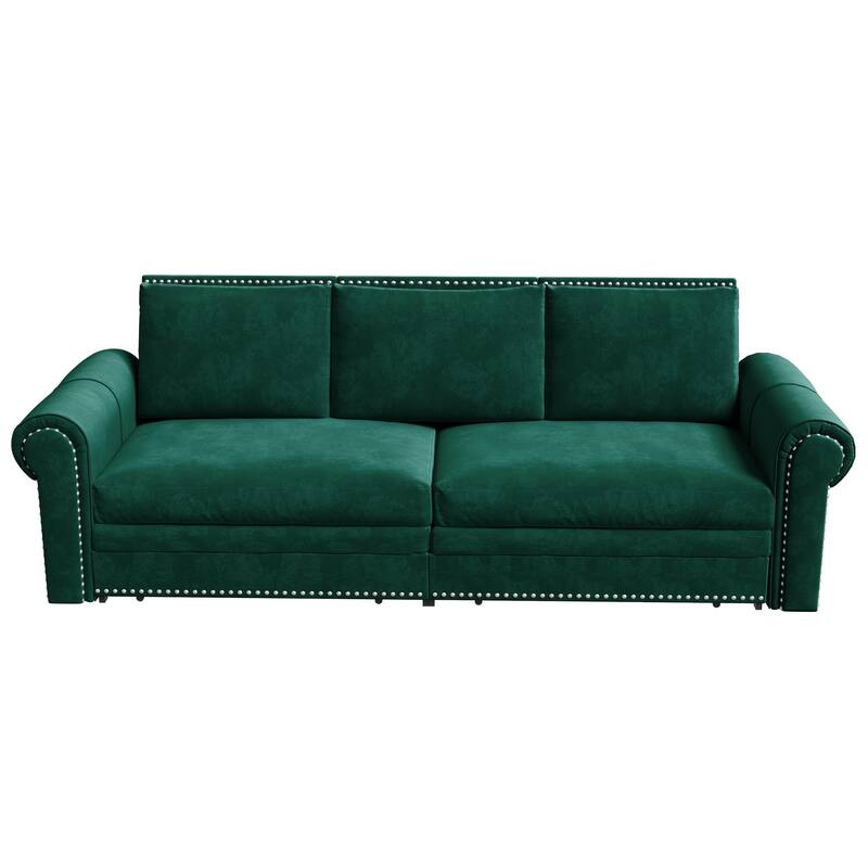 93.7" Chesterfield Couch, Pull Out Sofa Bed 3-in-1 Velvet Convertible Sleeper Sofa w/Nailhead Trim & 3 Pillows, for Living Room