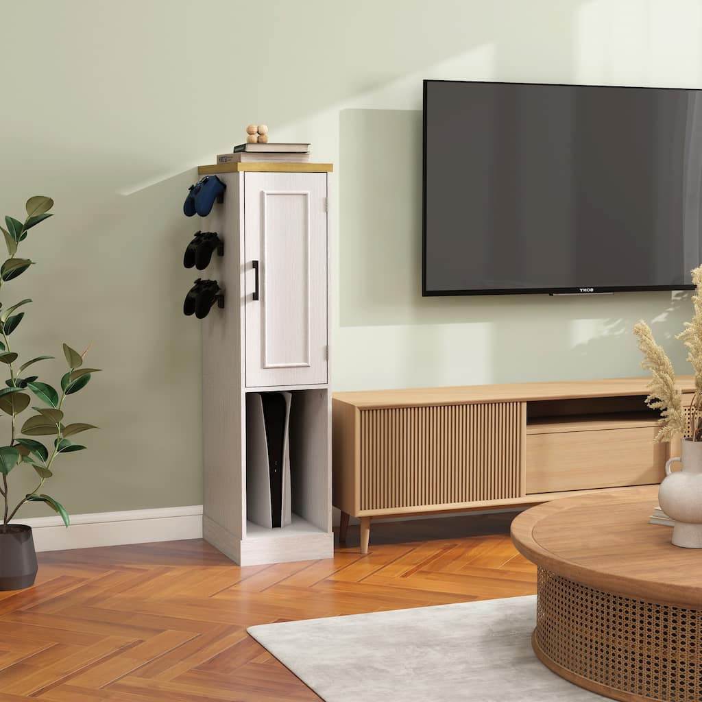 Anmytek Slim Antique White Game Console Storage Cabinet with 2 Drawers & 3 Hooks, AV Media Stand for PS5 Xbox