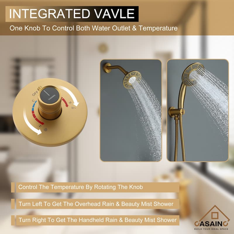 CASAINC 2-Spray 5 in. Shower Faucet Kit Wall Mounted Fixed and Handheld Dual Shower Heads 1.8 GPM - 5" x 5"