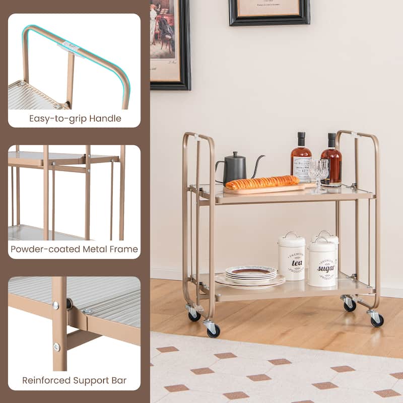 2-Tier Mobile Serving Cart with Tempered Glass Shelf-Golden - 26" x 16" x 28.5"