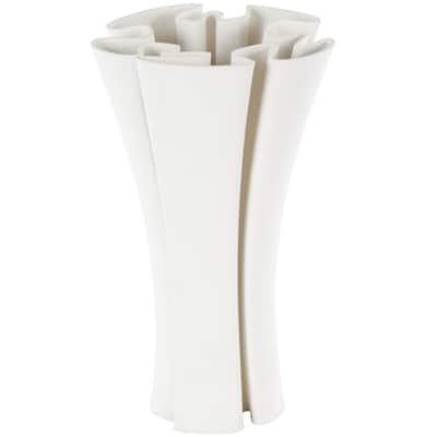 Ceramic Abstract Ribbed Dimensional Folded Decorative Vase with Curvy Rim - White - Roche River Decor