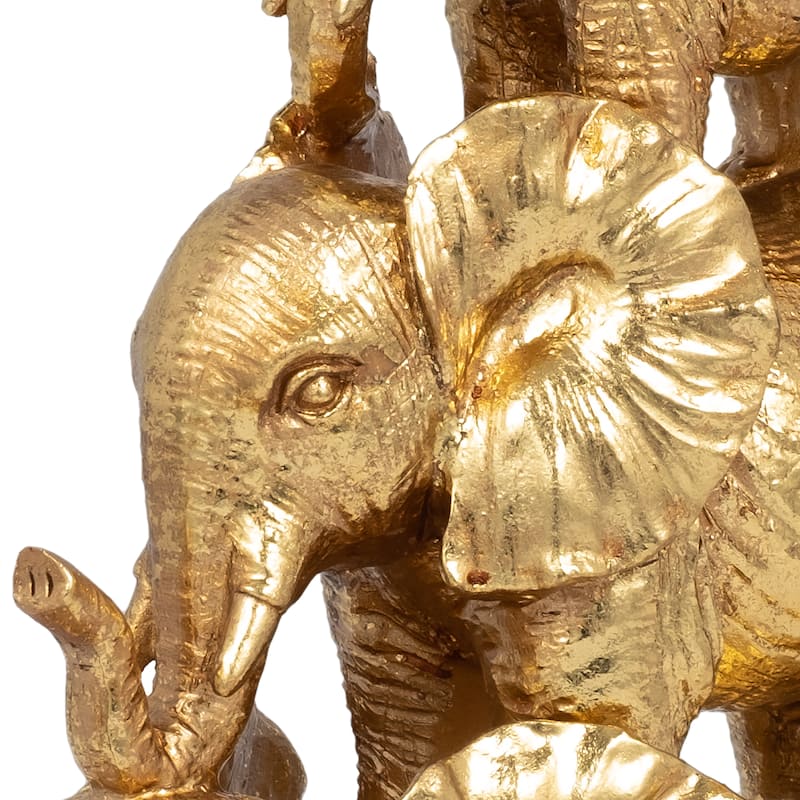 Resin Stacked Raised Trunk Elephants Figurine - Gold, 10"