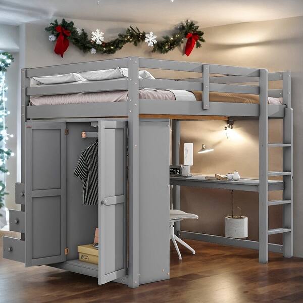 slide 2 of 17, Artsy Wood Full Size Loft Bed with Built-in Wardrobe, Desk, Storage Shelves, Safety Guaranteed and Drawers, Large Space, Gray Grey
