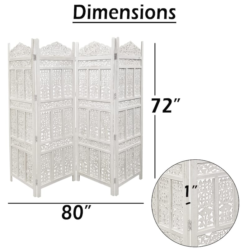 Aesthetically Carved 4 Panel Wooden Partition Screen/Room Divider, Distressed White