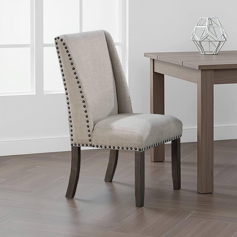 Alex Dining Side Chair Set of 2, Wingback, Nailhead Brown Wood, Beige