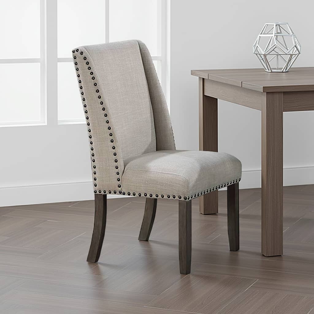 Alex Dining Side Chair Set of 2, Wingback, Nailhead Brown Wood, Beige