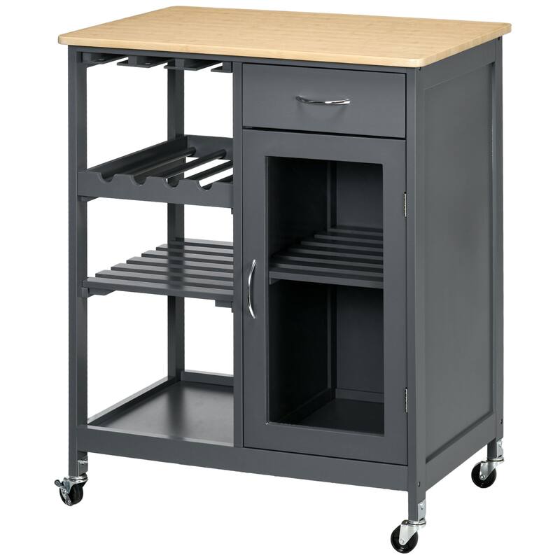 30" Rolling Kitchen Island with 4 Bottles Wine Rack and Stemware Holder
