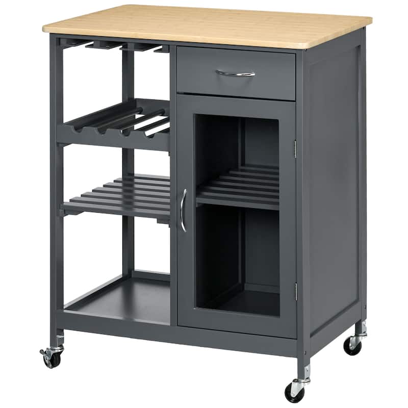 Rolling Kitchen Island with Storage, Kitchen Cart with 4-bottle Wine Rack, Stemware Holder, Shelves, Drawer and Cabinet