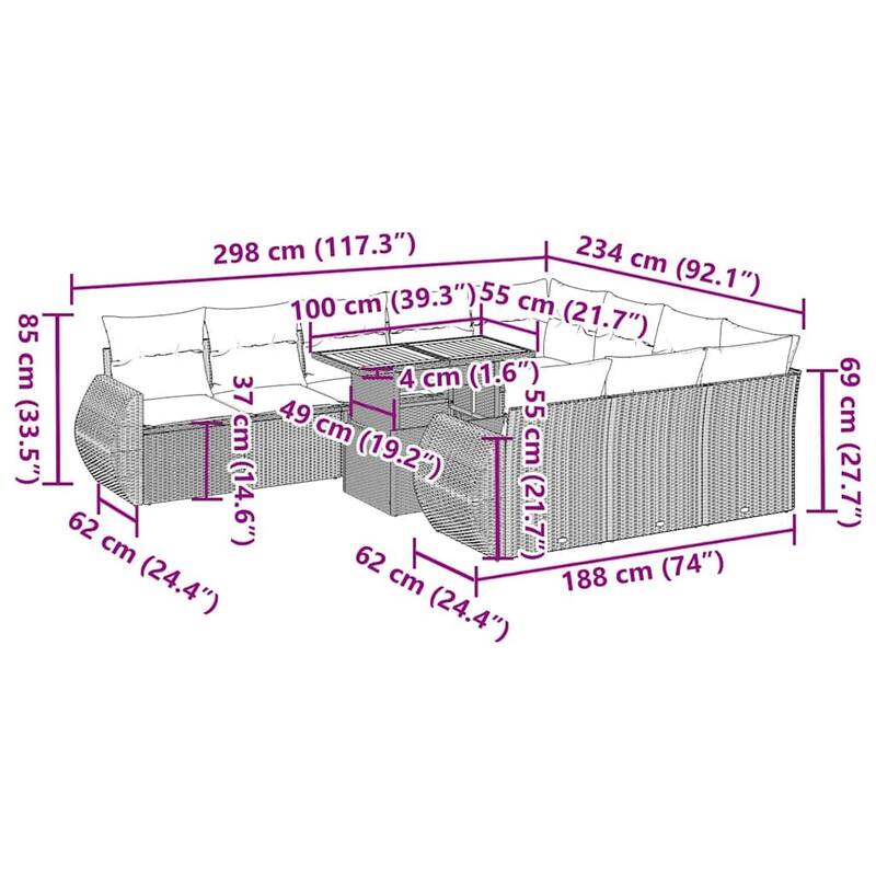 vidaXL Patio Sofa Set with Cushions Table and Sofa Modules 11 Piece Poly Rattan - 21.7 x 24.4 x 27.2