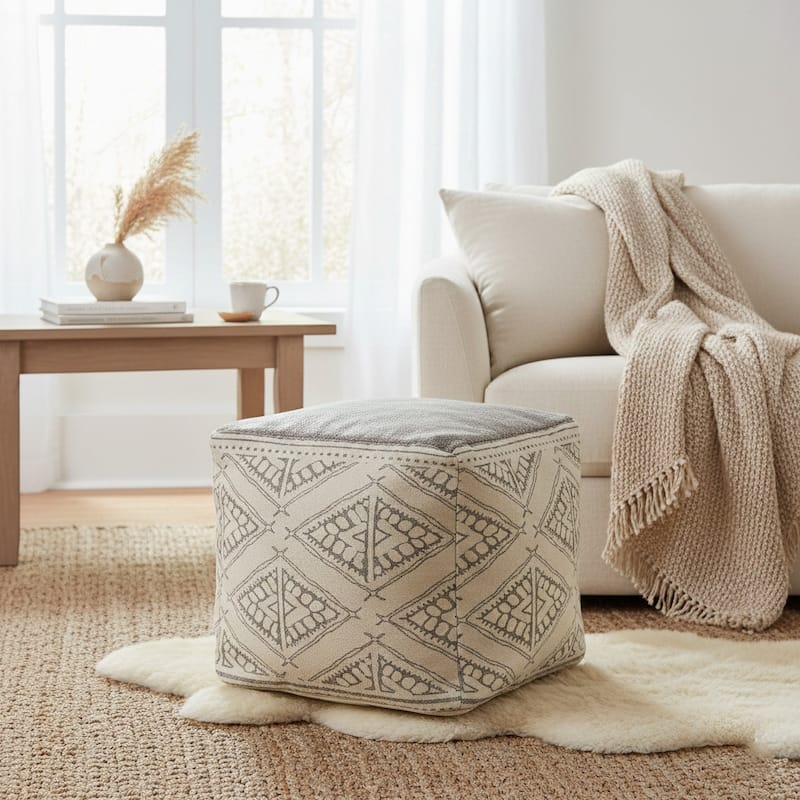 Sevita Handmade Geometric Rustic Farmhouse Pouf - 20" x 20" x 20" - Beige/Grey