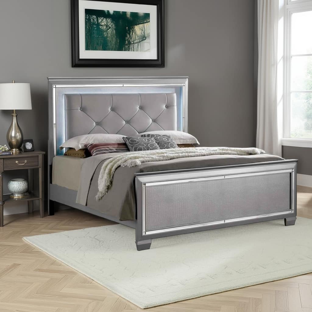 Textured California King Size Bed with Silver Trim Accents, Beige