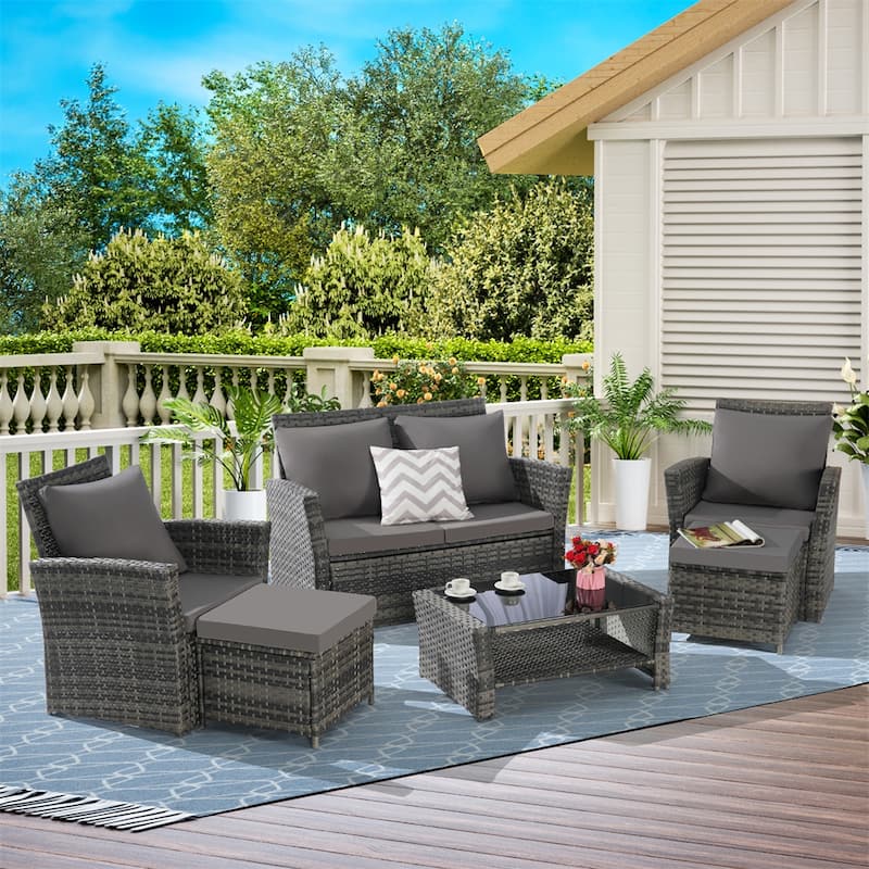 6 PCS Wicker Patio Furniture Sets with Ottoman & Tempered Glass Table - N/A