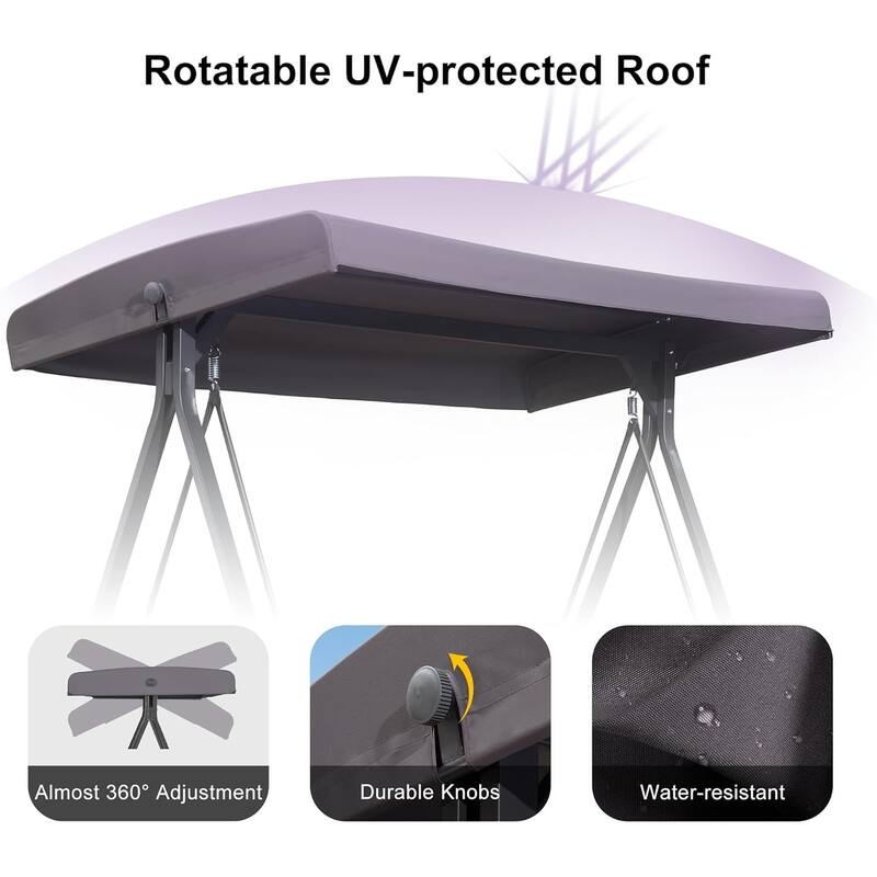 PURPLE LEAF 3-seat Outdoor Patio Porch Swing Adjustable Backrest, Cushions and Pillow Included - N/A