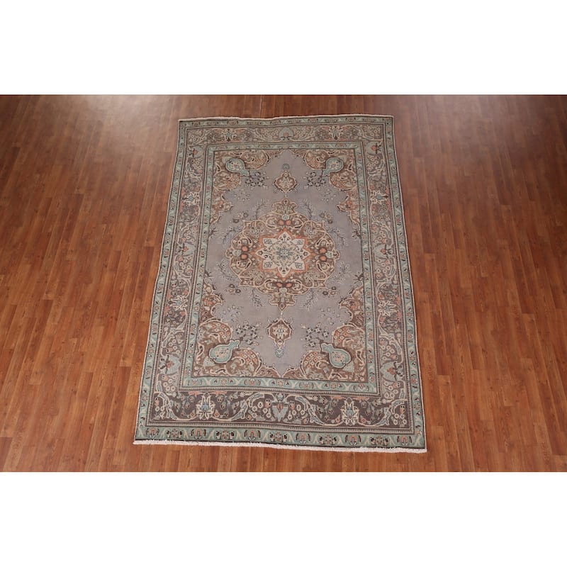 Hand Knotted Oriental 100% Wool Carpet Traditional Medallion Greys & Charcoal Tabriz Area Rug - 9' 8'' X 6' 5''