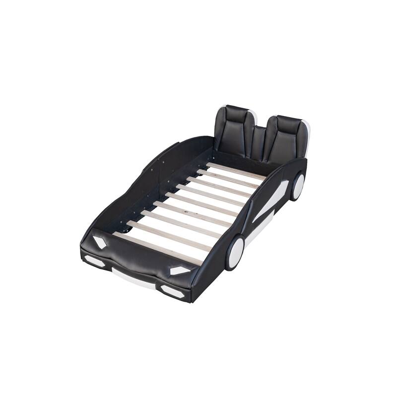 Twin Size Race Car-Shaped Platform Bed with Guardrails and Wheels, Durable Pine Wood Construction, Fun for Kids