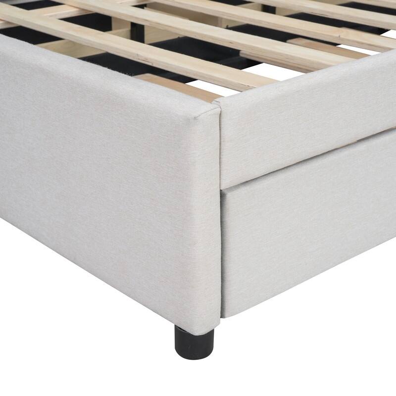 Full Size Upholstered Platform Bed with Brick Pattern Headboard, with Twin Size Trundle and 2 Drawers, Linen Fabric