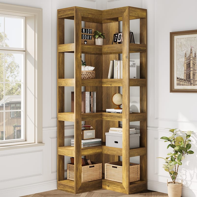 71" L-Shaped Tall Corner Bookshelf - Brown
