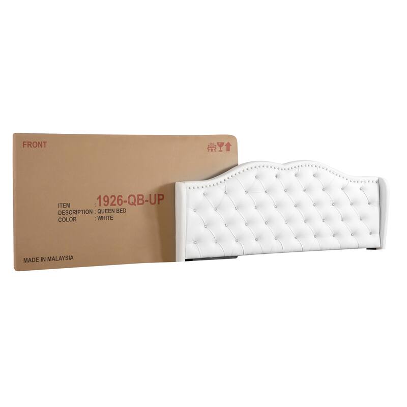 White Tufted Panel Bed - Jewel Wingback Headboard & Wood Frame - Requires Box Spring
