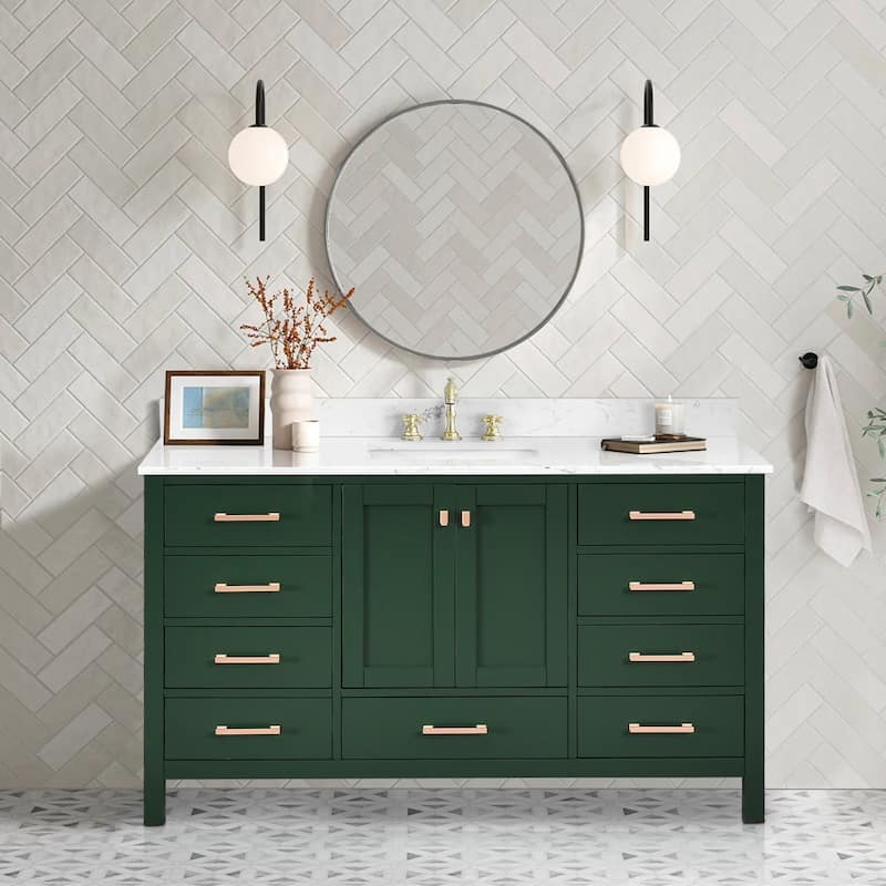 OpalithD 60 in. Bathroom Vanity with Single Sink, Wood Bath Cabinet with Top - Vintage Green