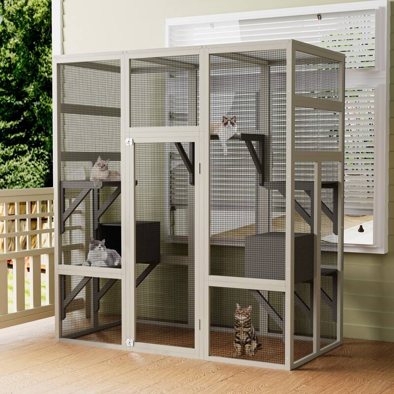 Large Gray Wooden Cat Enclosure with 5 Platforms & 2 Resting Boxes