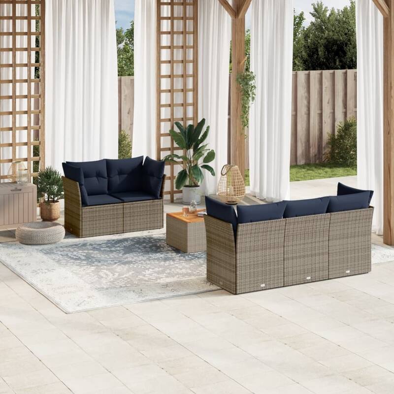vidaXL 6 Piece Patio Sofa Set with Cushions Gray Poly Rattan - 24.4" x 24.4" x 27.2"