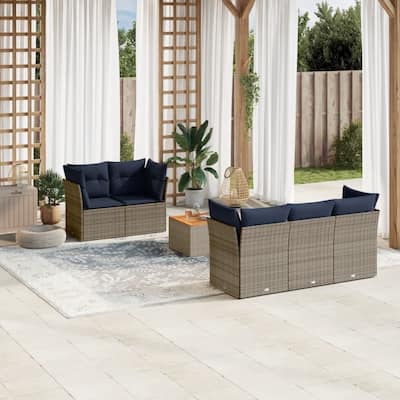 vidaXL 6 Piece Patio Sofa Set with Cushions Gray Poly Rattan - 24.4" x 24.4" x 27.2"