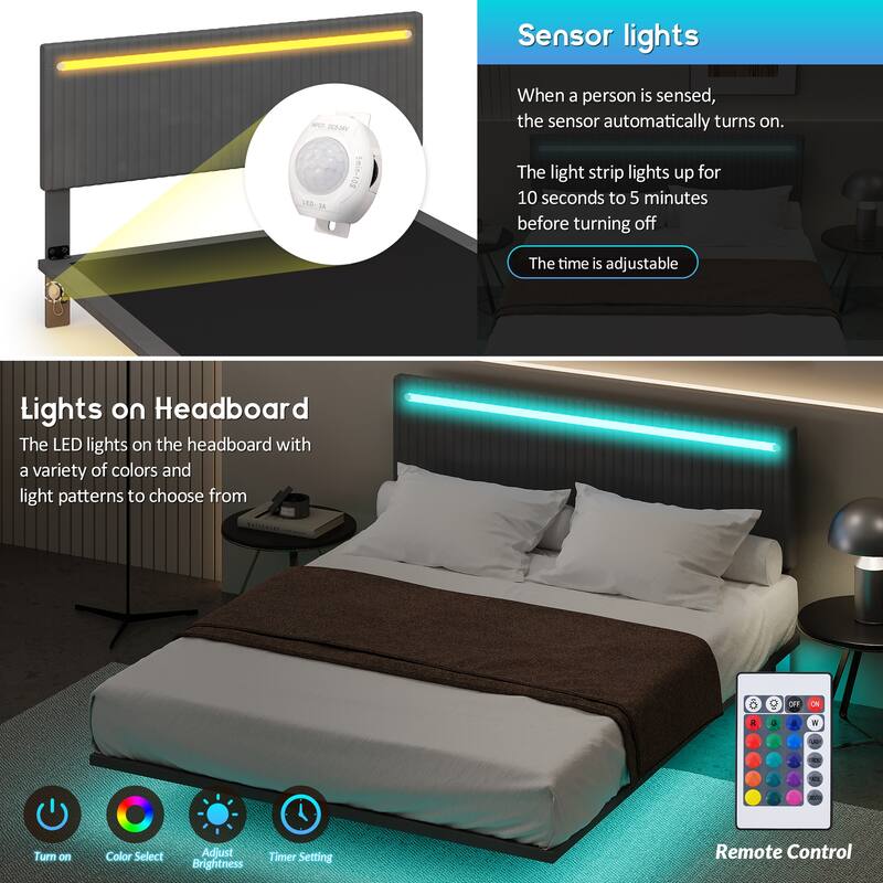 Modern Upholstered Floating Bed Frame with LED Lights, Vertical Channel Design Velvet Fabric Bed, Queen Size, Beige