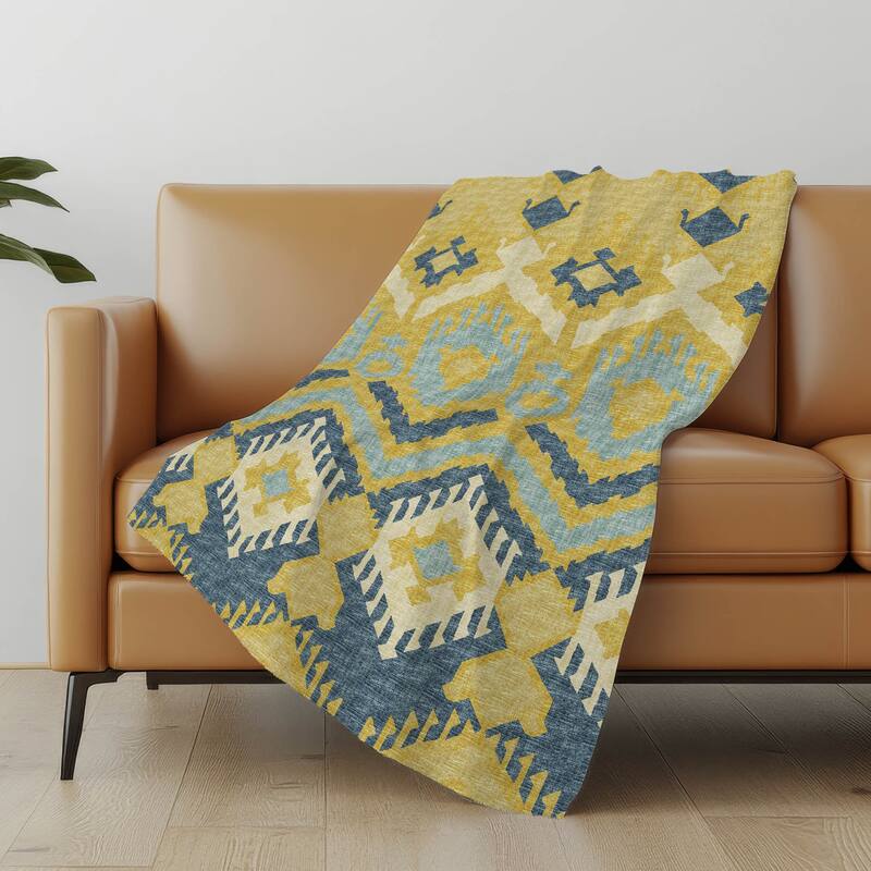 Premium Machine Washable ASB108 Sherpa Boho Global Throw Blanket - Yellow - 4'2" x 5'10"