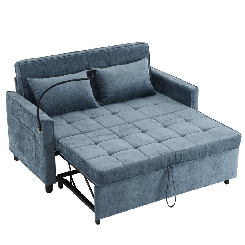 Roomfitters Loveseat Pull-Out Sofa Bed with Reversible Backrest Cushion, Side Pockets, USB Ports, and Phone Holder
