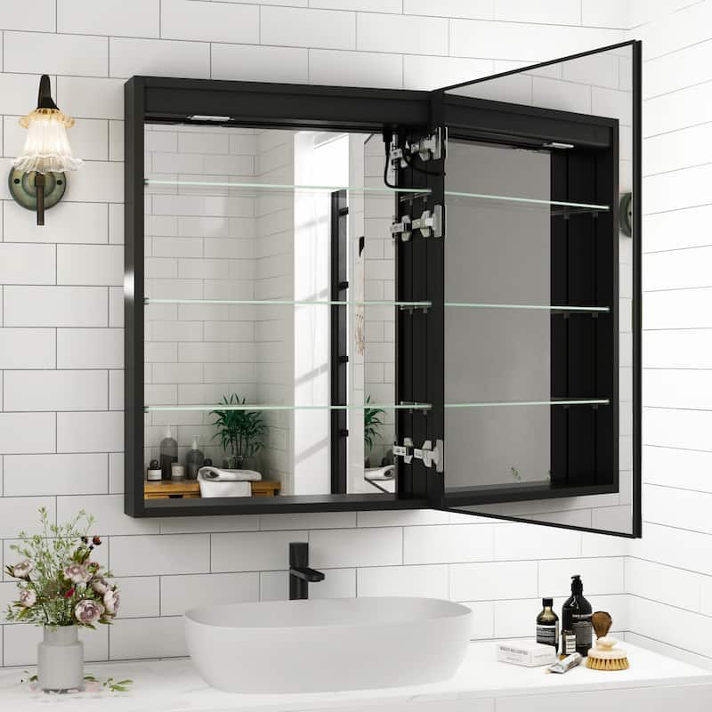 Rectangular Aluminum Recessed/Surface Mount Frameless Anti-Fog Medicine Cabinet with Dimmable LED Lights