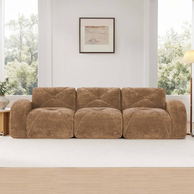 Roomfitters 114 Inch Modular Floor Sofa, Fluffy Plush Sectional with Ottoman, Chocolate