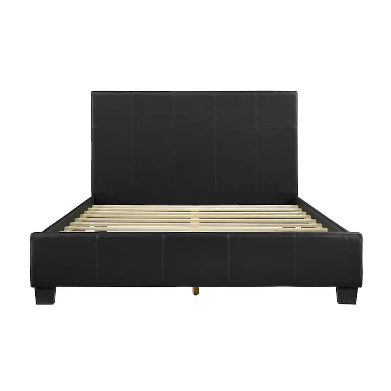 Renz Queen Size Platform Bed, Black Faux Leather Upholstery, Wood Frame