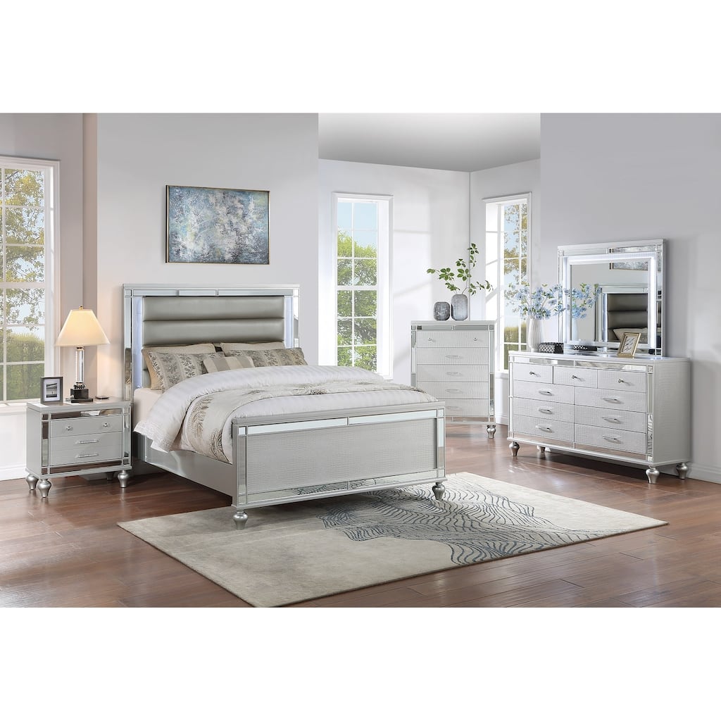 Contemporary Style Bed Set Glass Panel Diamond Handles Silver Finish Bedroom Furniture