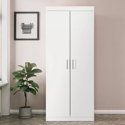 2-Door White Wardrobe/Armoires with Adjustable Shelf/Hanging Rod