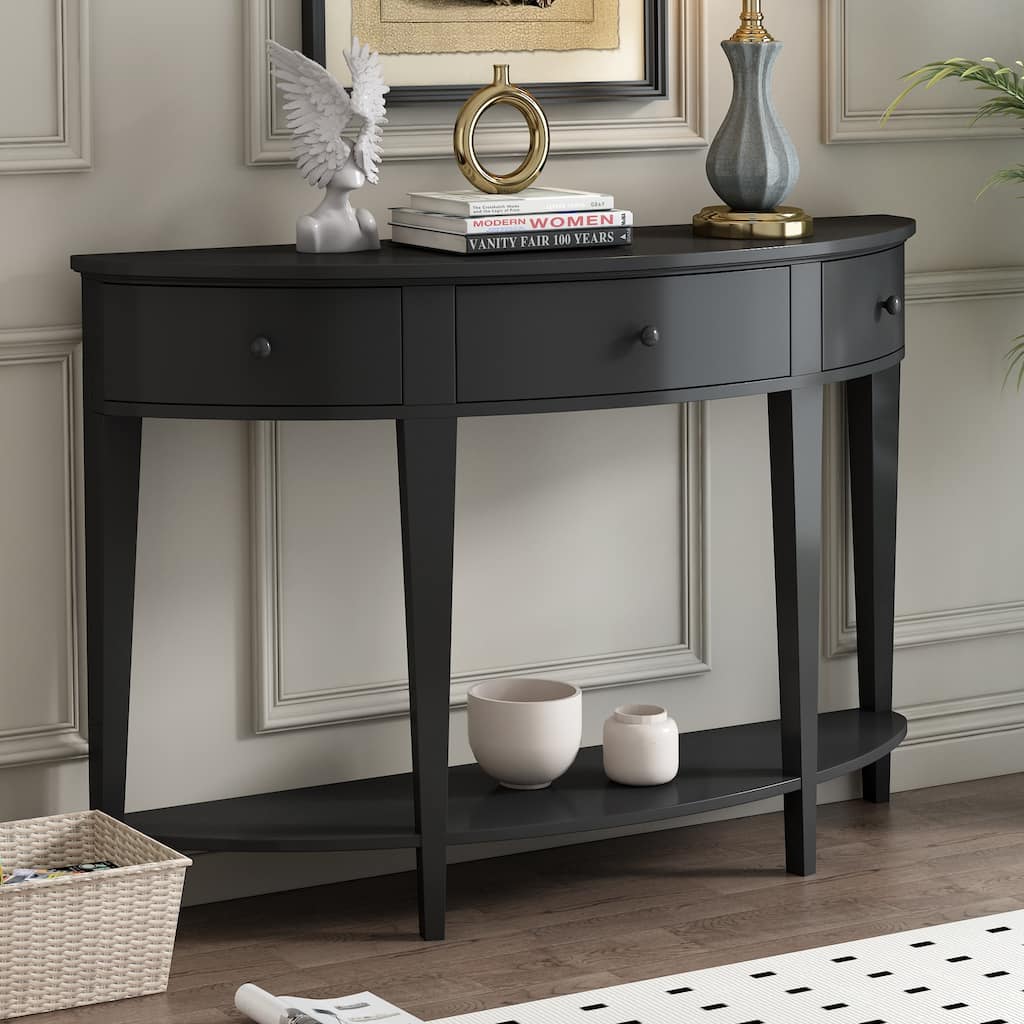 Black Modern Curved Console Table Sofa Table with 3 Drawers and 1 Shelf