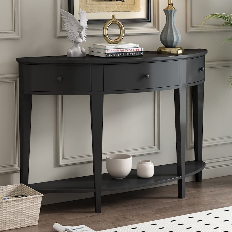 Curved Console Table Sofa Table with Drawers, Side Table Coffee Table Entryway Table Hallway Table with Shelf - Black