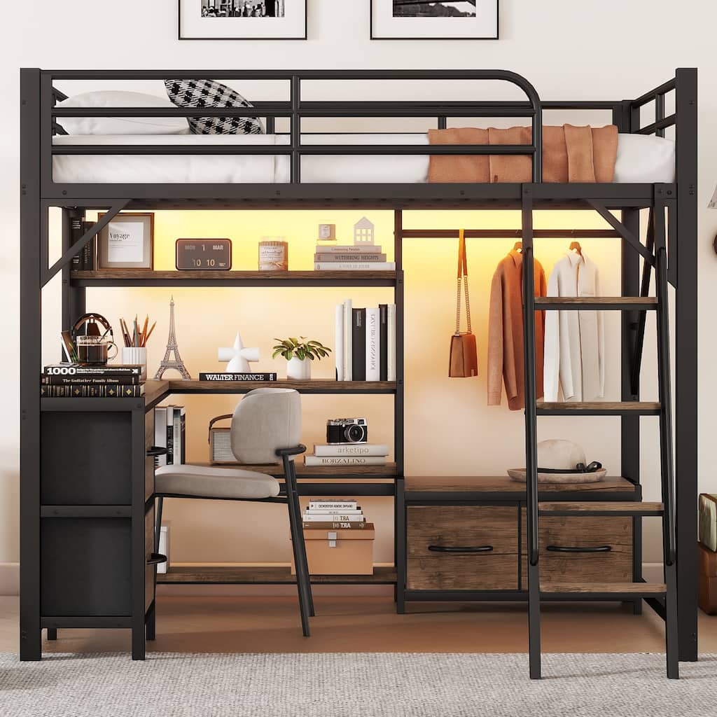 Roomfitters Full/Queen Loft Platform Bed, LED Charging Desk and Wardrobe Shelves with Metal Frame for Bedroom or Guest Room