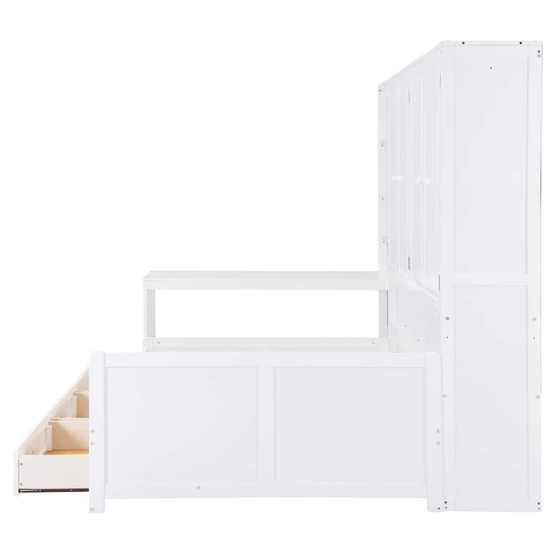 Full Size Daybed with Built-In Desk and Storage,4 Shelves, 2 Cabinets and 3 Drawers