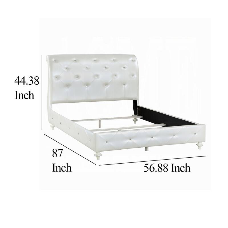 Dorie Full Bed, Pearl White Faux Leather Victorian Carved w Crystals