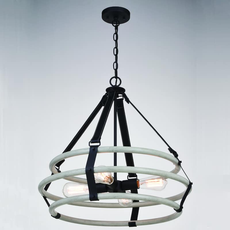 Taylor 4L Black and Ash Gray Drum Cage Industrial Pendant Light with Fabric Straps - 24-in W x 23-in H x 24-in D