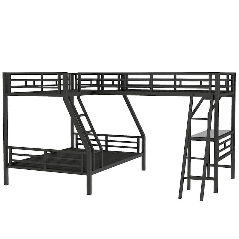 Triple Bunk Bed with Desk, Twin over Full and Loft, Metal Frame, Black