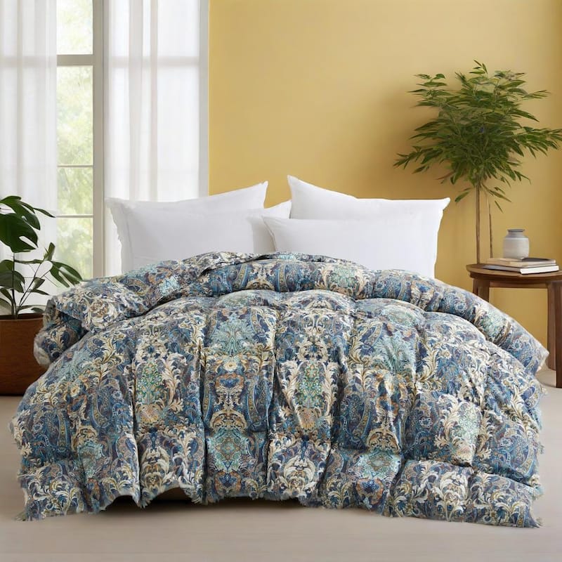 All Season Paisley Floral Printed Vintage White Goose Feather Down Comforter - Full - Queen - Royal Paisley Bloom