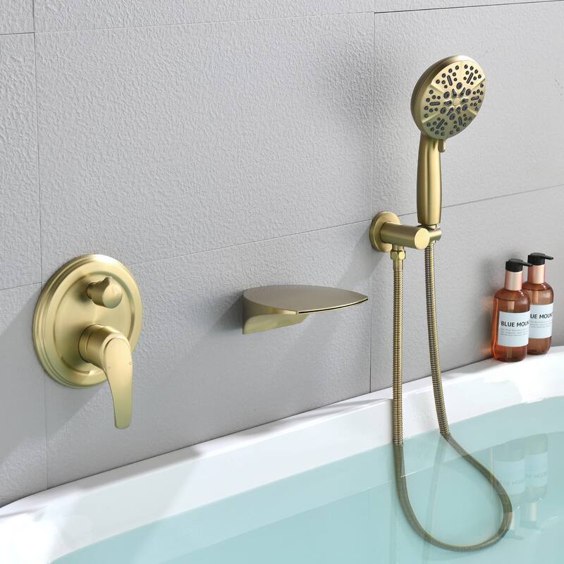 Wall Mounted Tub Faucet With Handheld Shower Waterfall Bathtub Faucet With Hand Shower Tub Filler With Pressure Balance Valve - Brushed Gold